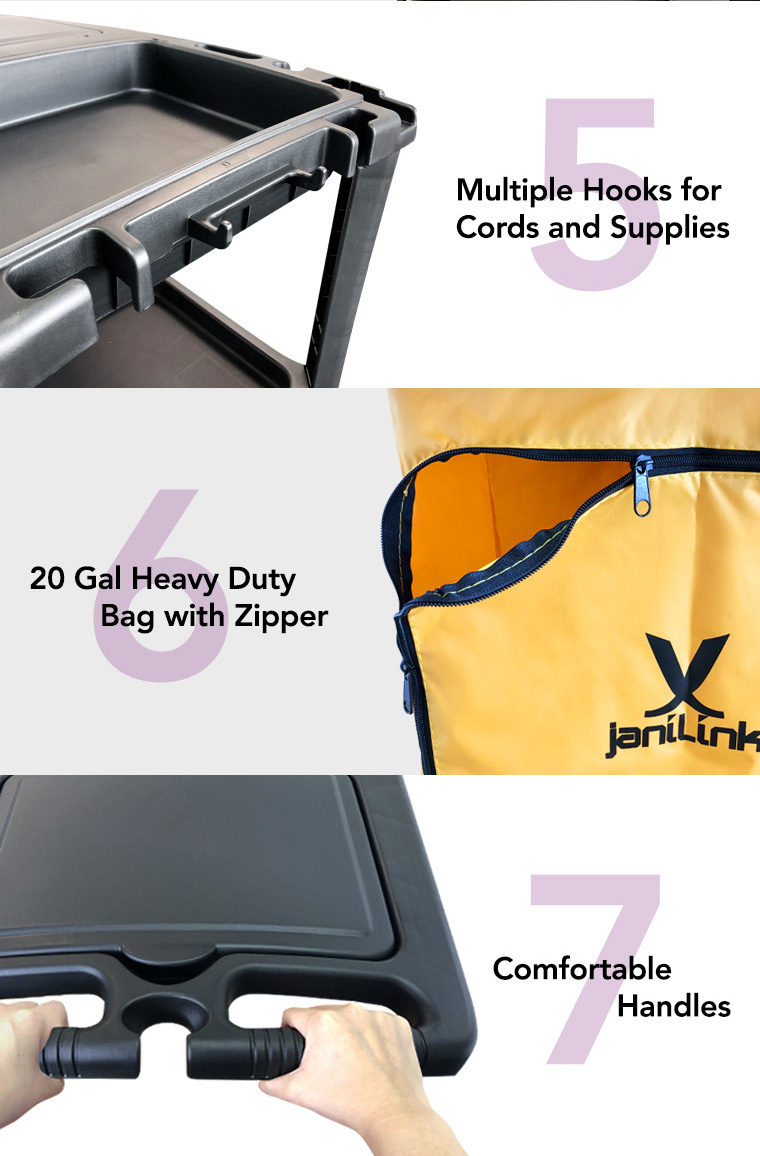 multiple hooks for cords and supplies, 20 gal heavy duty bag with zipper, comfortable handles.